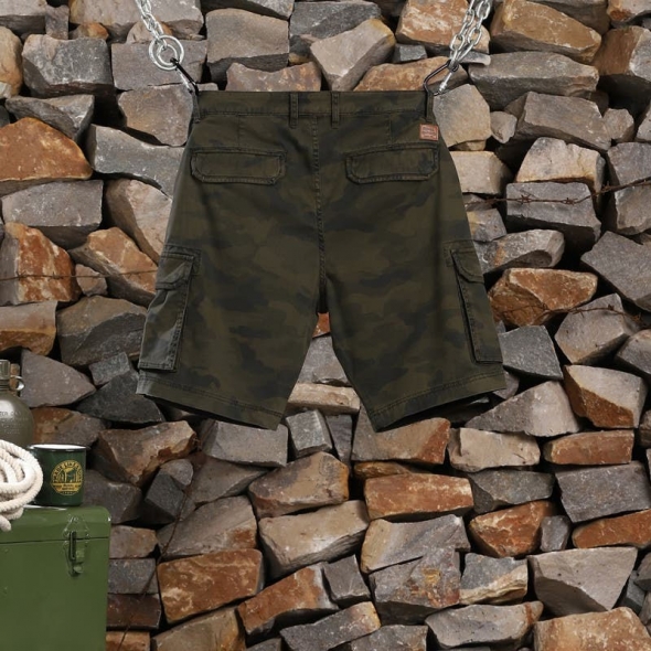 Genuine Apparel ROYAL ENFIELD Camo Cargo Shorts - Olive Camo | RLASRS230669 | re_RLASRS230674 | euronetbike-net