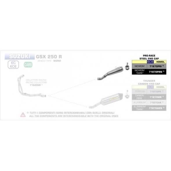 Arrow ARROW SUZUKI GSX 250 R'17 HOMOLOGATED NICHROM PRO RACE SILENCER WITH WELDED LINK PIPE FOR ORIGINAL AND ARROW COLLECTOR | 71870PRI | arr_71870PRI | euronetbike-net