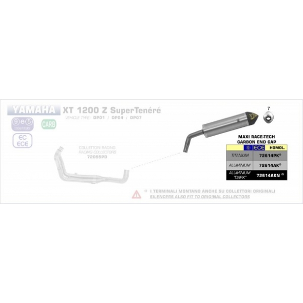 Arrow ARROW YAMAHA XT 1200 Z '10-11 HOMOLOGATED ALUMINIUM MAXI RACE-TECH SILENCER WITH CARBON END-CAP FOR ORIGINAL COLLECTORS | 72614AK | arr_72614AK | euronetbike-net